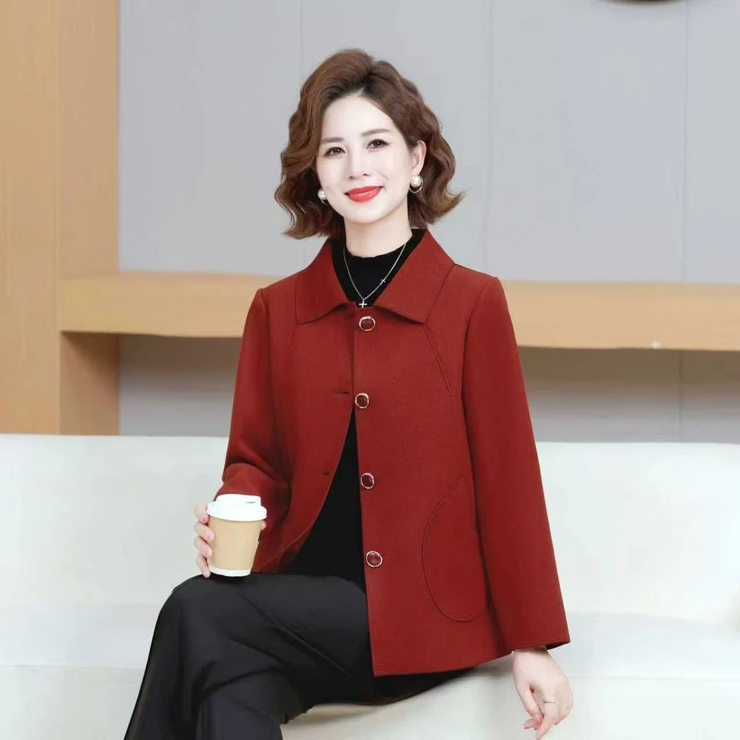 妈妈装双面绒大衣女士小翻领上衣秋冬新款毛呢大衣