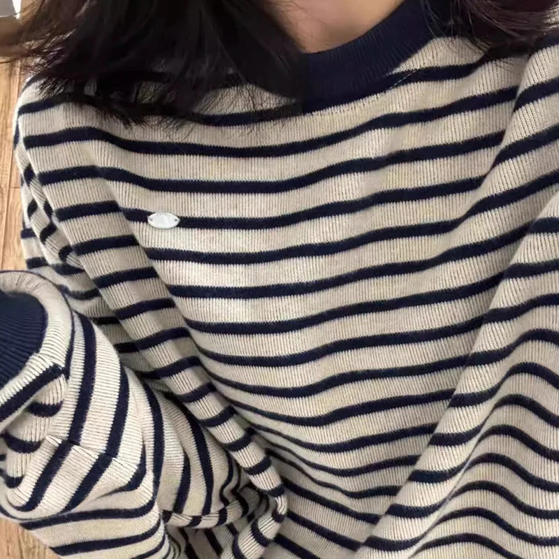 韩系条纹圆领卫衣女春秋季2025新款早秋爆款慵懒长袖oversize上衣