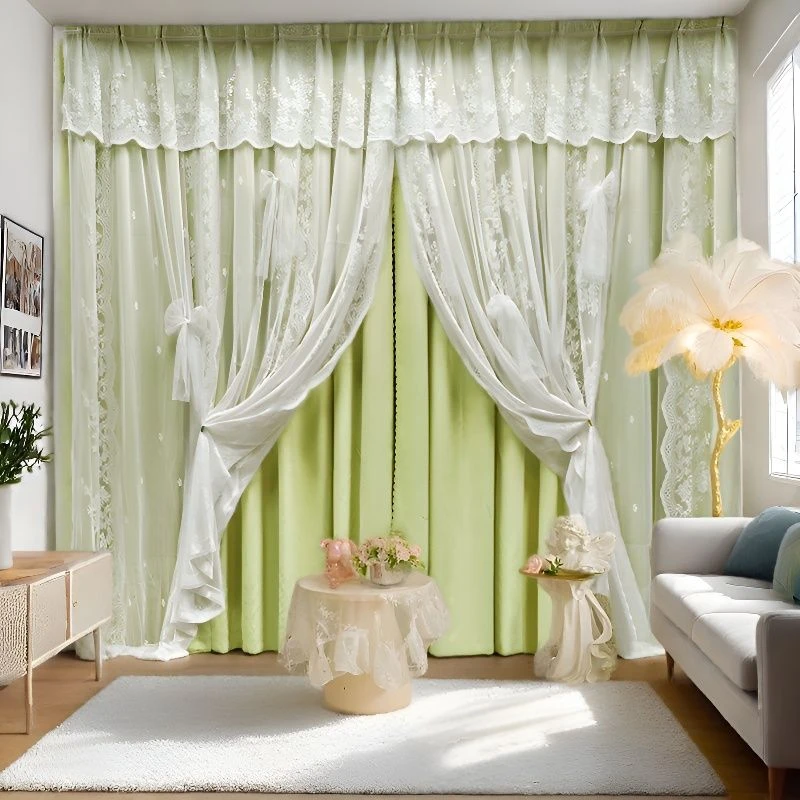 双层带纱遮光窗帘法式公主风蕾丝卧室隔热遮阳2025新款法式窗帘