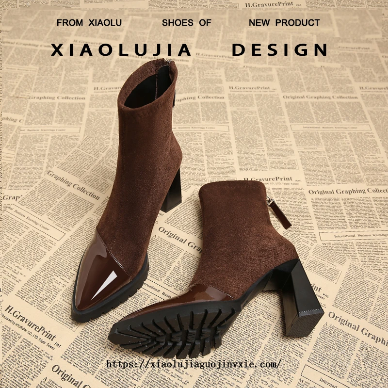 尖头女秋冬高跟粗跟短靴高跟女靴弹力靴靴子复古单靴法式百搭时尚