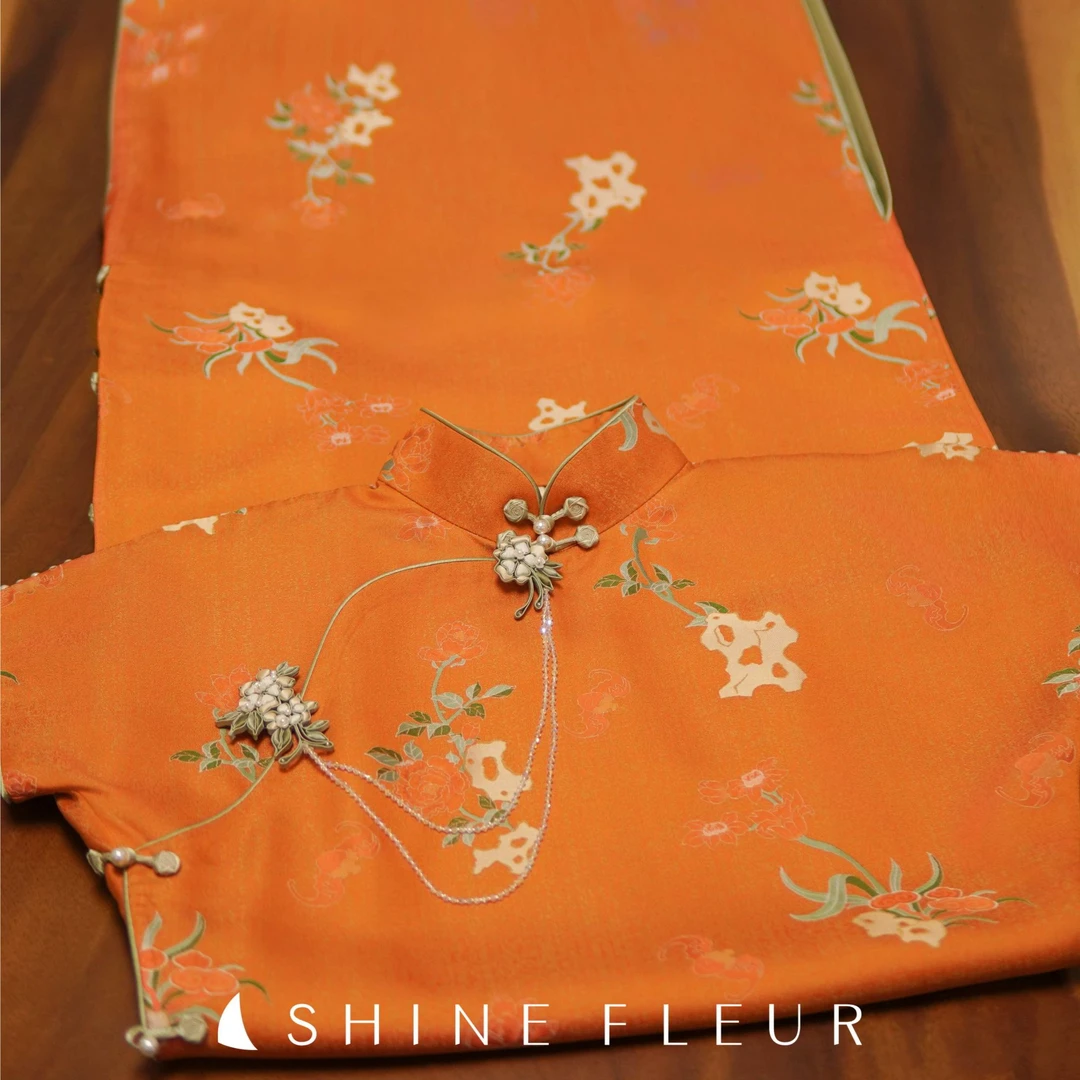 千帆旗袍 正品上久楷山石牡丹宋锦旗袍 无省修身