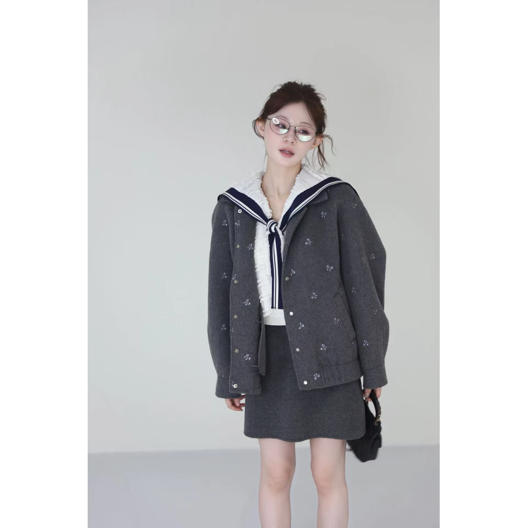 灰色双面呢 刺绣灰色套装XMZH10365