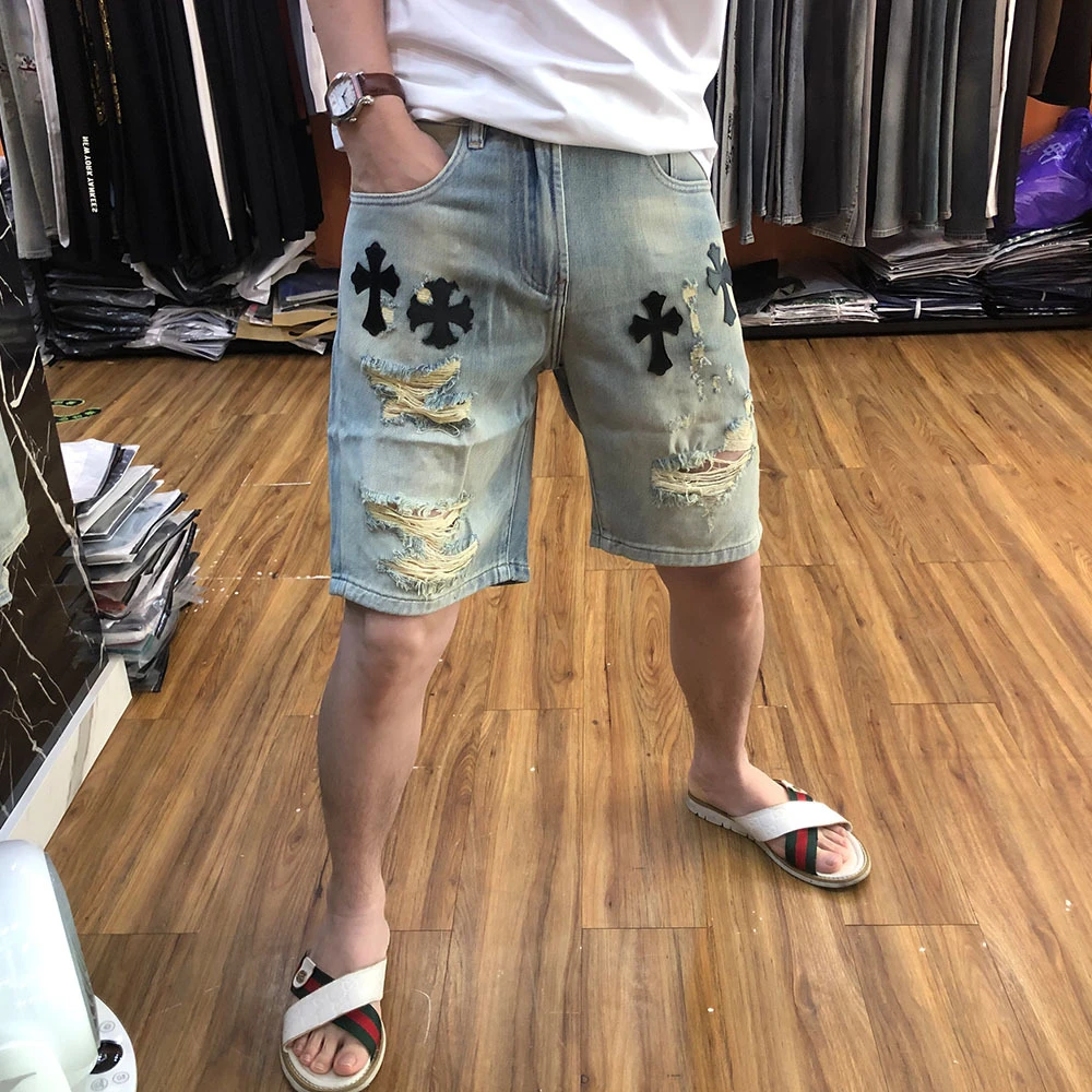 夏季磨毛皮标刺绣潮流做旧薄款短裤裤子休闲个性百搭中裤可爱风