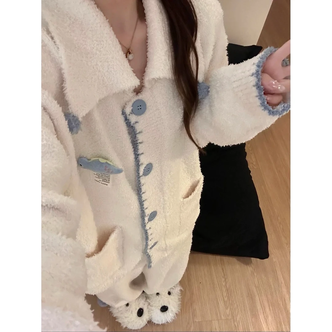 韩版甜美软糯可爱半边绒睡衣女秋冬加厚保暖家居服套装可外穿