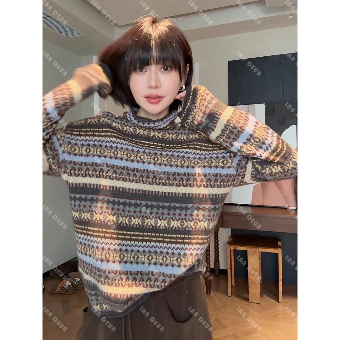 JIUJIU【灰语画廊】绵羊毛复古港风慵懒风费尔岛半高领条纹针织衫