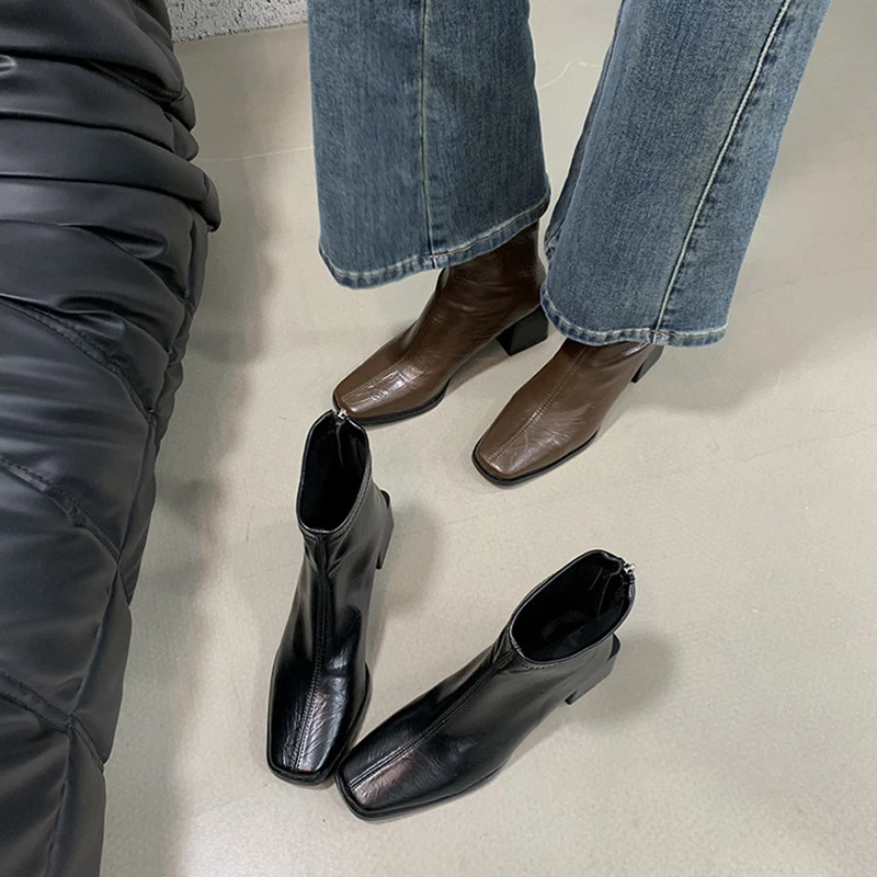 【澳门专柜正品】羊皮版！高跟方头韩系小短靴女鞋新款秋冬季法式粗