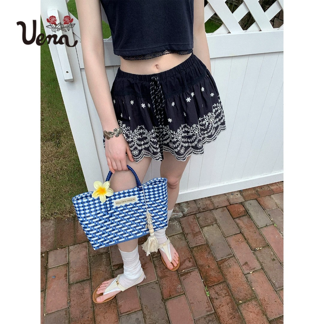 【对花照影】Uena藏蓝色重工刺绣花边绑带松紧腰短款A字半身裙女