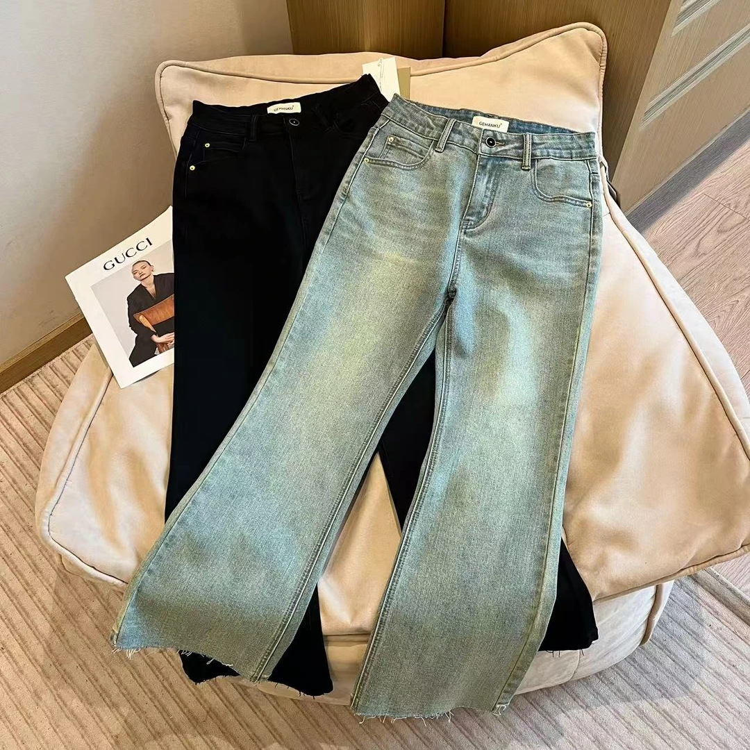 佳佳推荐【微喇裤】26809 春季高腰显瘦腰带设计感水洗牛仔裤百搭