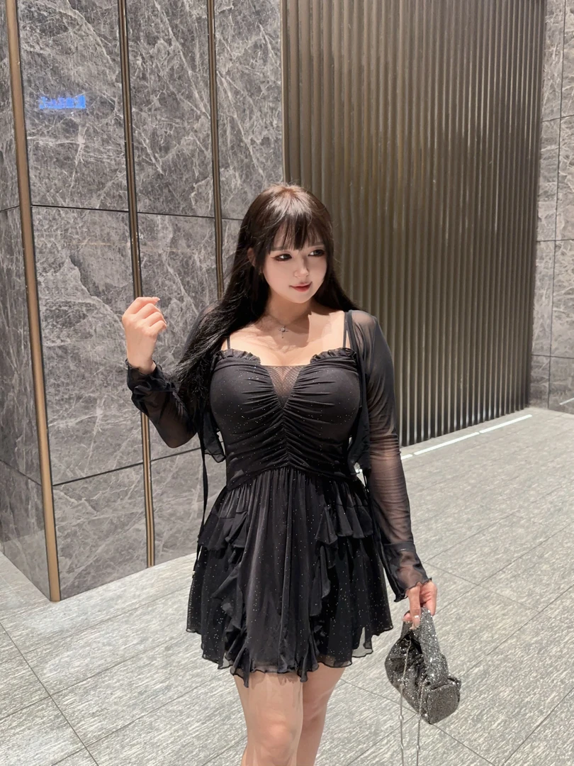 950胖m新中式辣妹风长裙短袖常规连衣裙黑色性感裙子修身