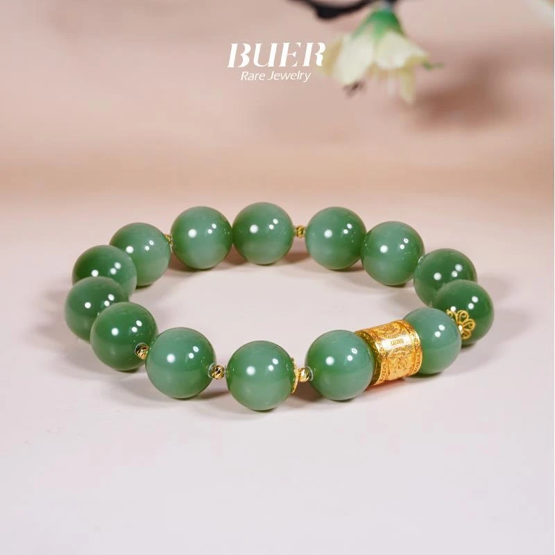【不二】和田玉碧玉猫眼18K金DIY手串11mm+
