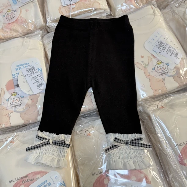 芒果2025新款巴朵猫韩超儿黑色蝴蝶结打底裤黑色