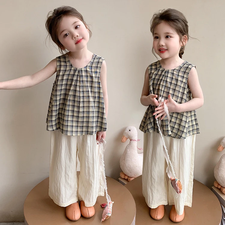 2025女童夏季新款套装韩系袖子格子娃娃衫两件套