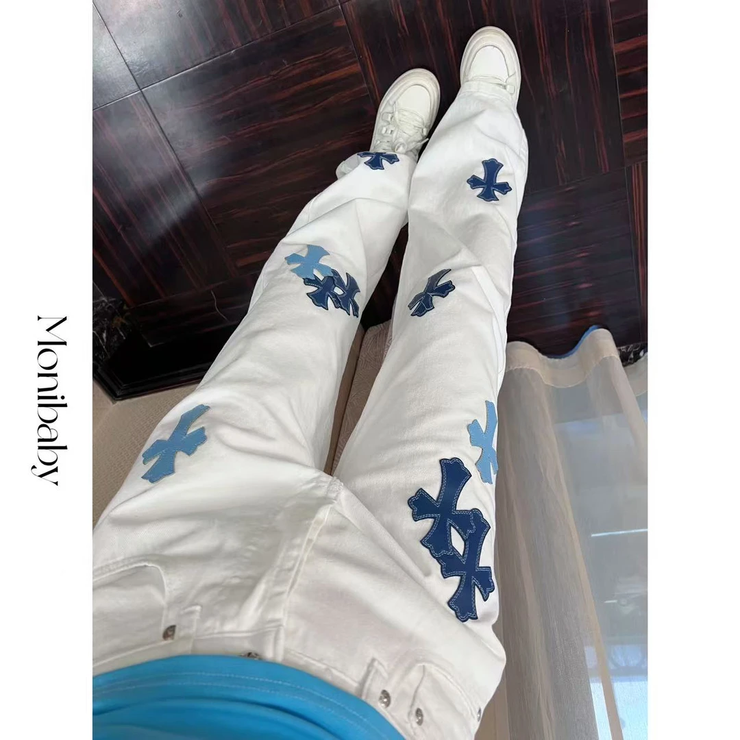 Moni【十字架】时髦高腰显瘦皮标十字架直筒窄版牛仔休闲拖地裤