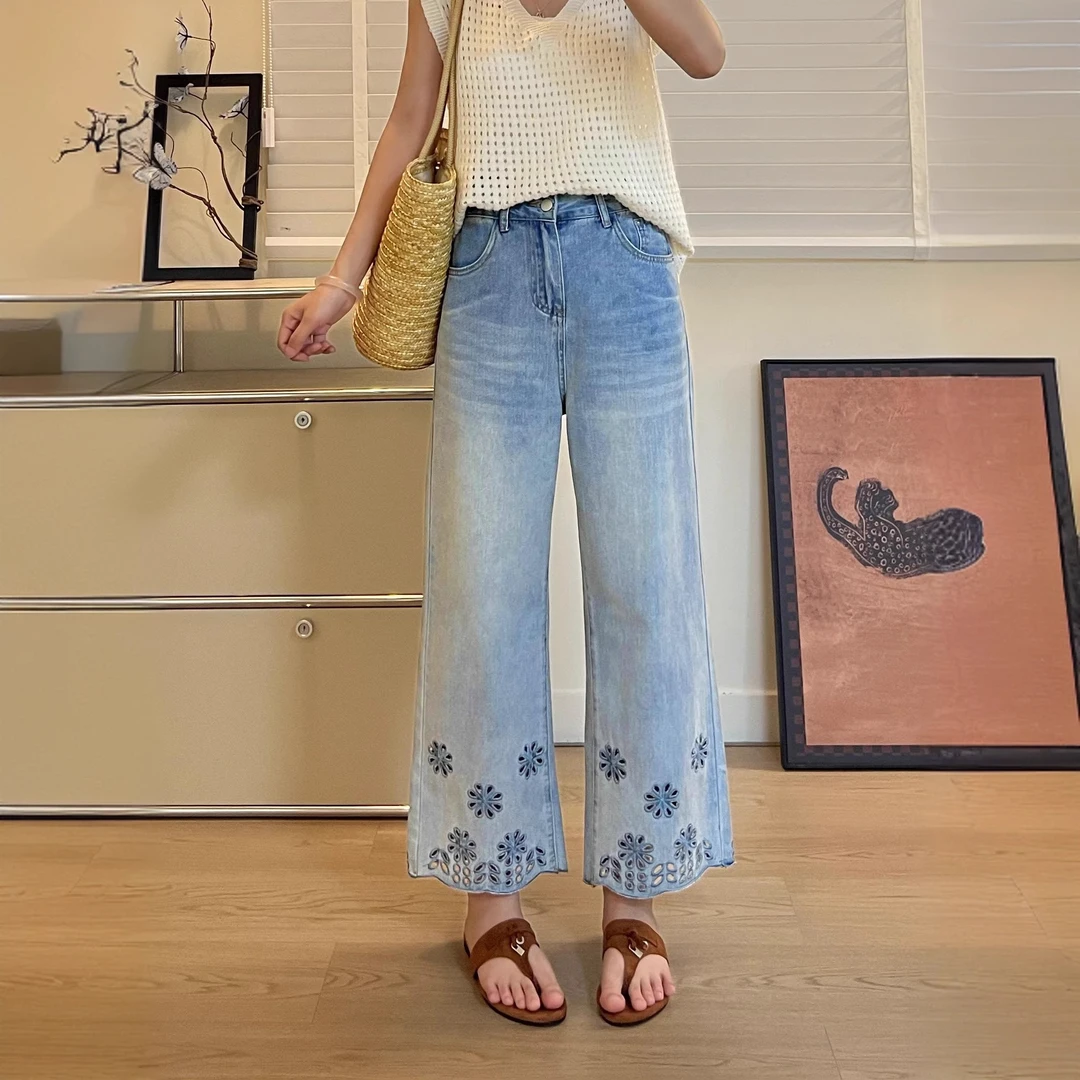 镂空刺绣牛仔裤女夏季薄款冰丝凉感宽松显瘦空调裤微胖大码九分裤