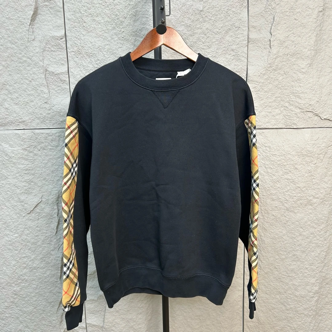 99新 BURBERRY/博柏利 黑色格纹装饰圆领长袖卫衣 S码 ys001349