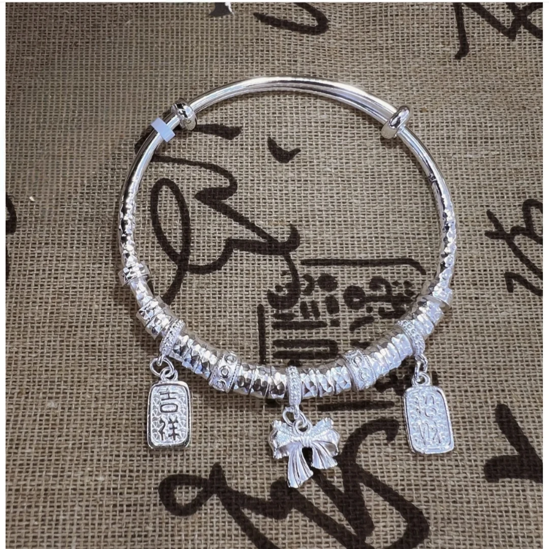 足银手镯 足银9999万贯盘缠推拉可调节手镯吉祥如意蝴蝶结坠子