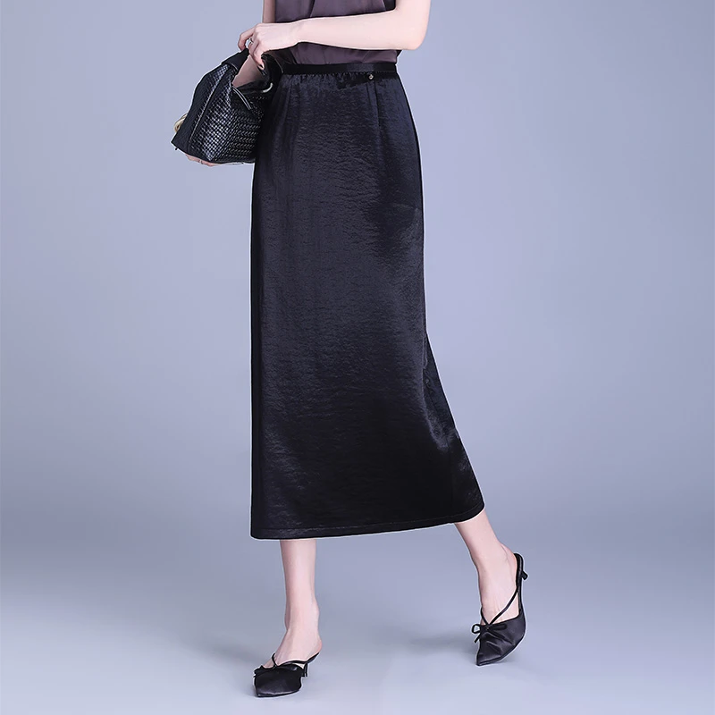 醋酸缎面半身裙洋气轻奢包裙女夏季长裙开叉显瘦直筒裙气质一步裙