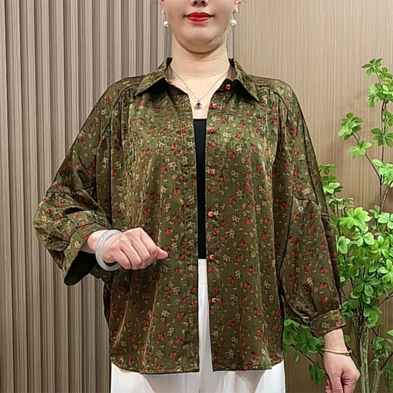 妈妈装春装洋气衬衫中老年女装夏季薄款大码蝙蝠袖碎花开衫上衣