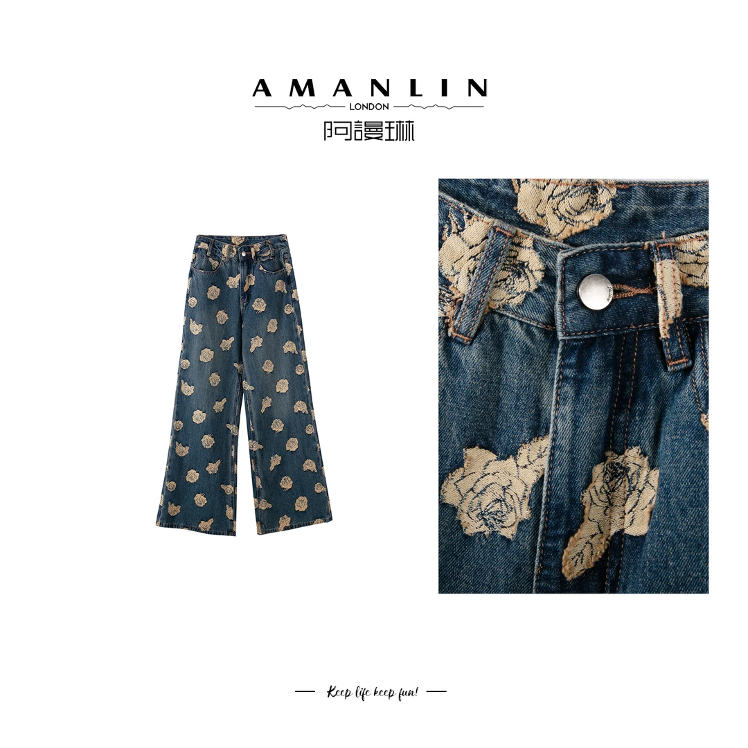 【AMANLIN】玫瑰印花高腰气质直筒牛仔裤百搭洋气时尚长裤F595273