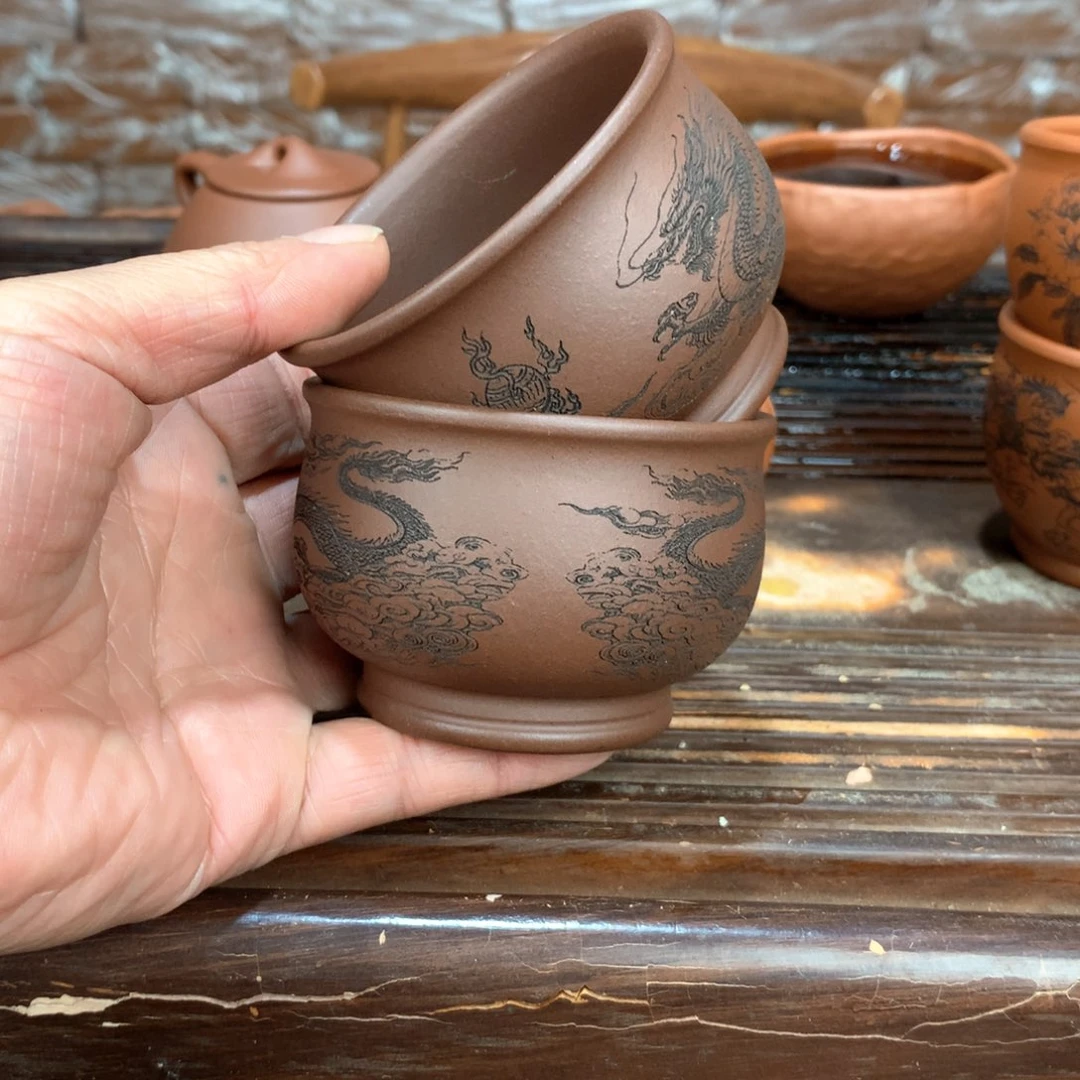 紫砂茶壶原矿老紫泥主人杯两只放漏