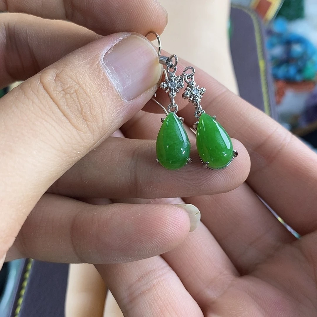 和田玉银S925镶嵌耳饰水滴