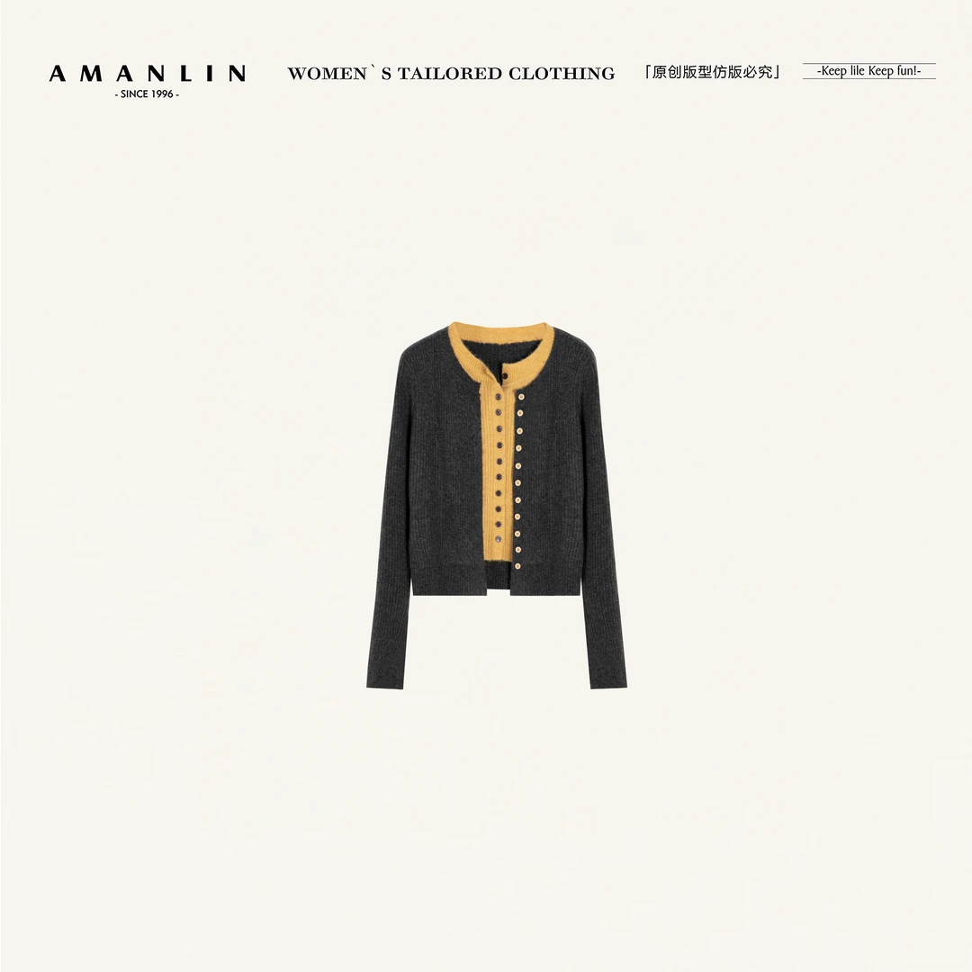 AMANLIN/阿谩琳琥珀流光时尚韩系假两件针织开衫撞色短款Y601812