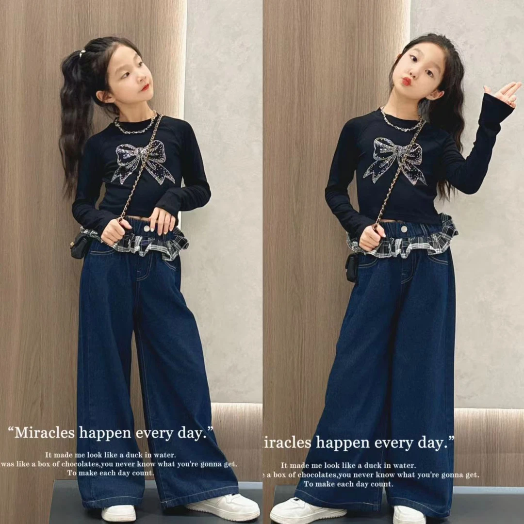 女童2025春款正肩打底衫韩系修身蝴蝶结t恤+复古深蓝色直筒牛仔裤