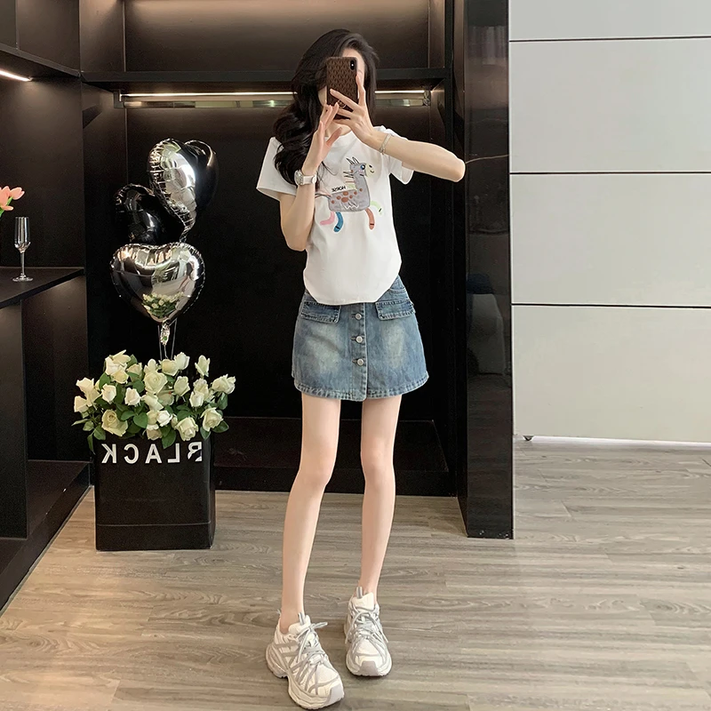 韩版夏季新款短袖时尚洋气上衣包臀牛仔短裙裤显瘦套装女两件套