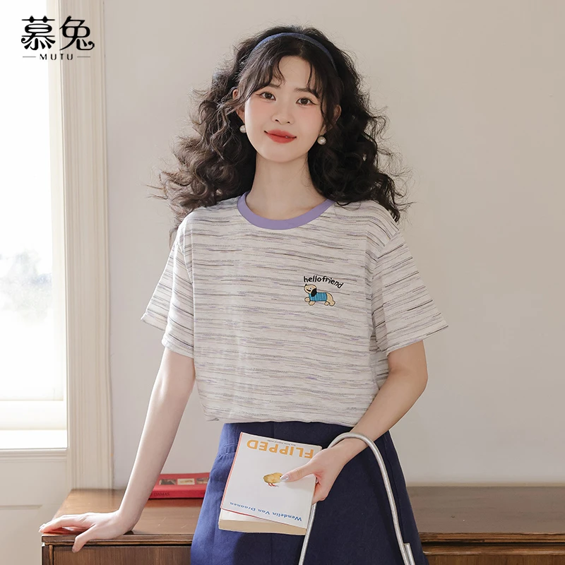 【小铃铛】TU25698甜美小狗刺绣短袖t恤女小个子宽松休闲条纹上衣