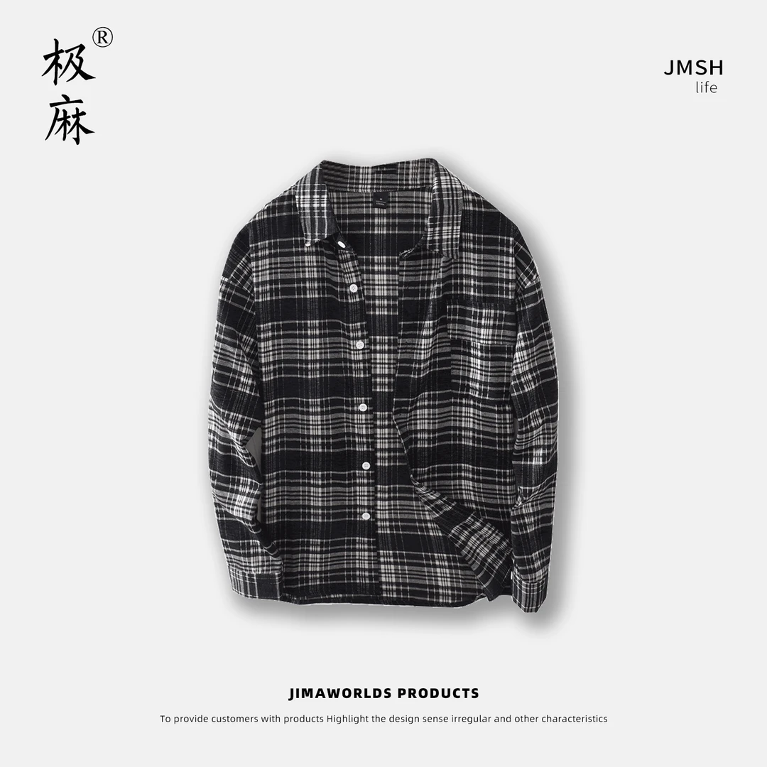 格子长袖男翻驳领衬衫秋冬百搭毛呢春季时尚秋季冬季外套格纹
