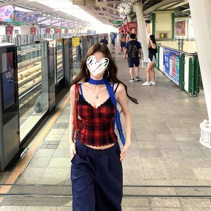 辣妹假两件格子小背心女春季修身显瘦吊带上衣