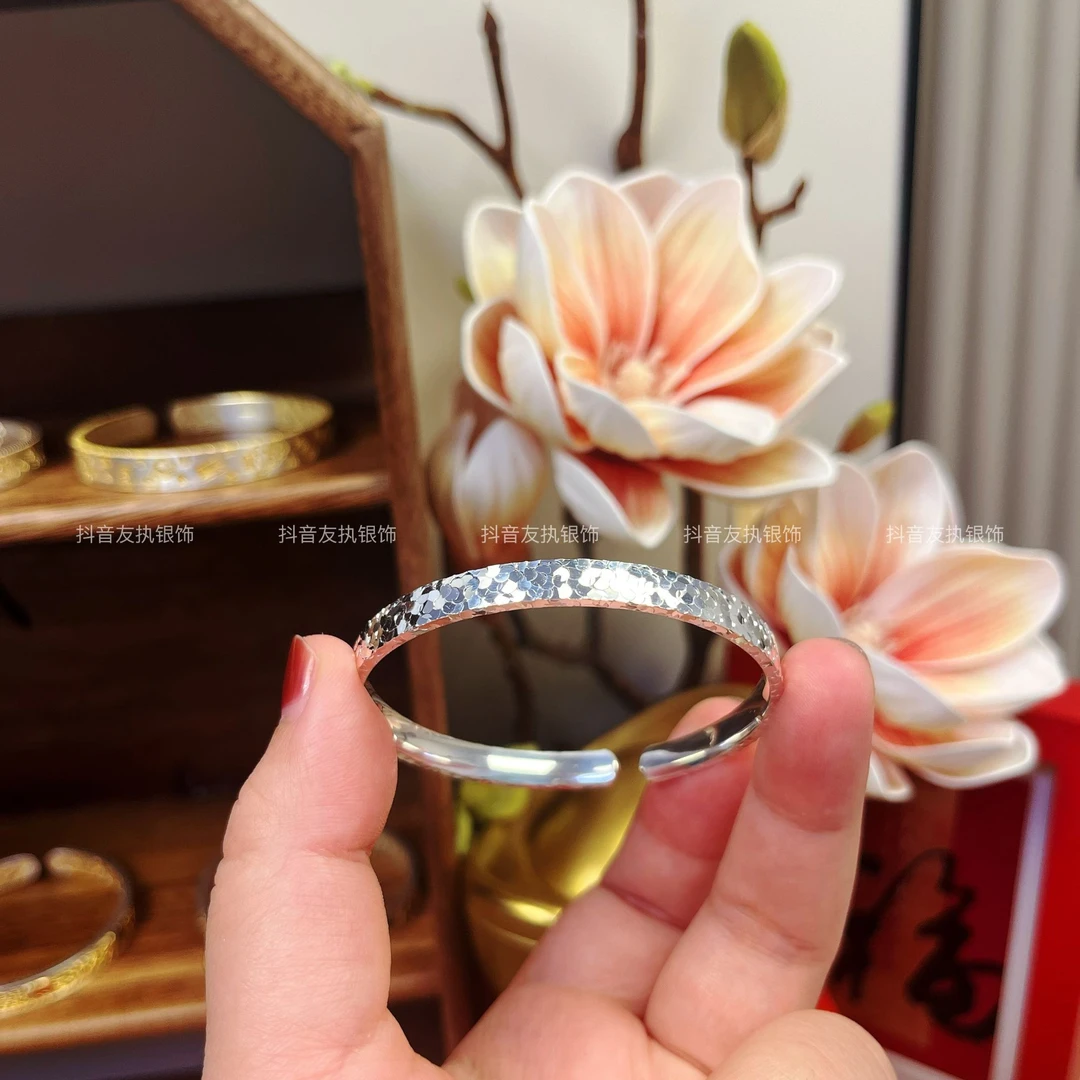 足银手镯 足银999CNC三面碎冰冰开口银饰手镯实心光面简约百搭