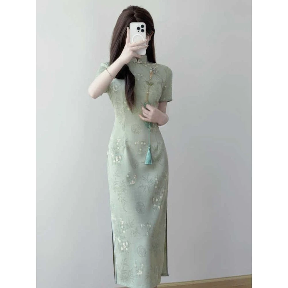 绿色旗袍高考送考2025年夏季新款气质高端年轻款连衣裙日常新中式