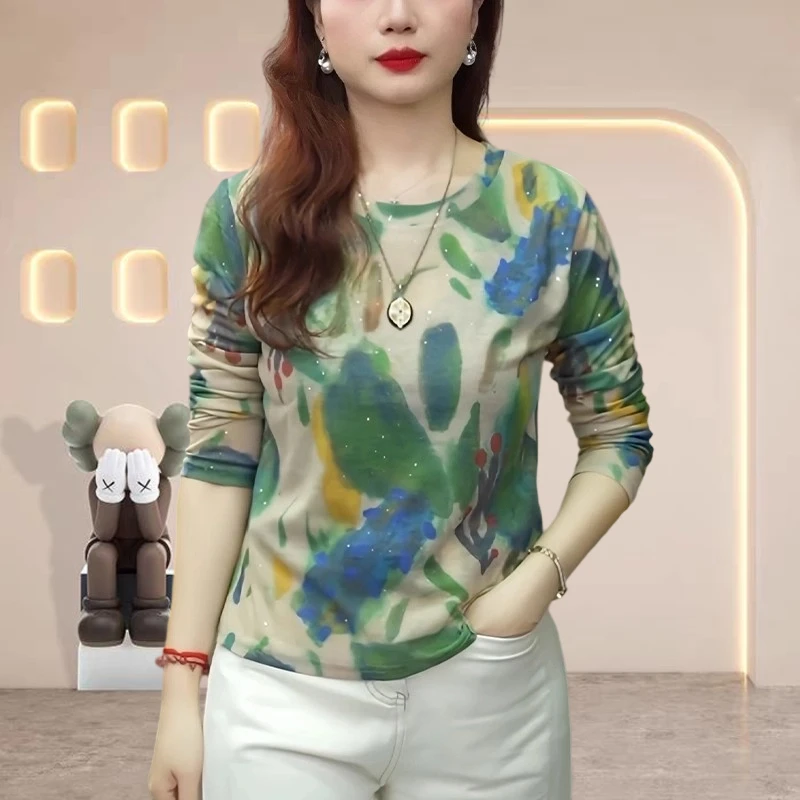 新品小个子长袖t恤秋冬季新款纯欲慵懒风女装晕染印花长袖T恤女装