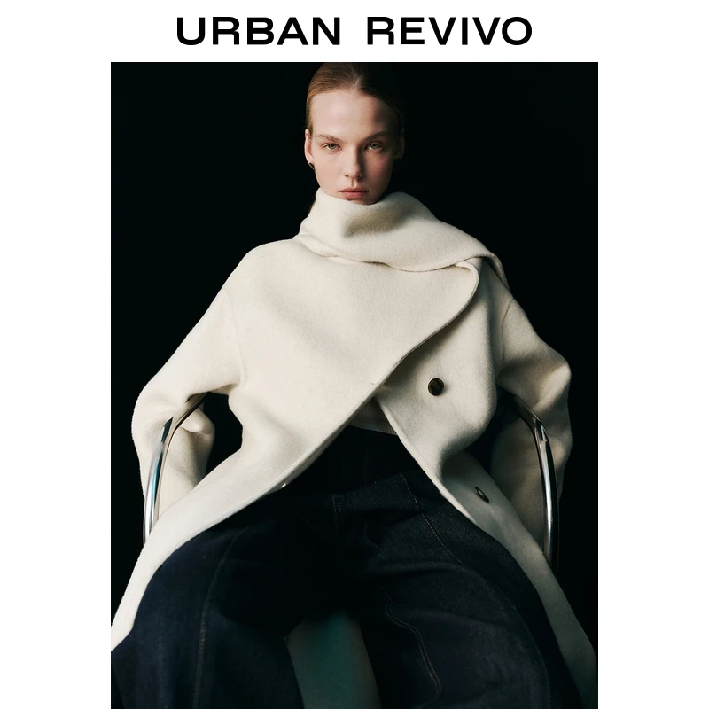 UR2025春季新品女欧若风高智感围巾式纽扣长款大衣外套UYU150019