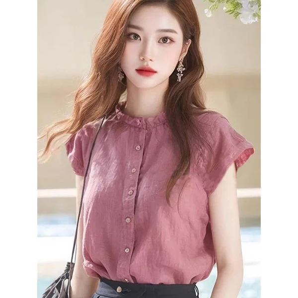 木耳边立领小飞袖衬衫女设计感小众夏季独特别致漂亮小衫短袖上衣