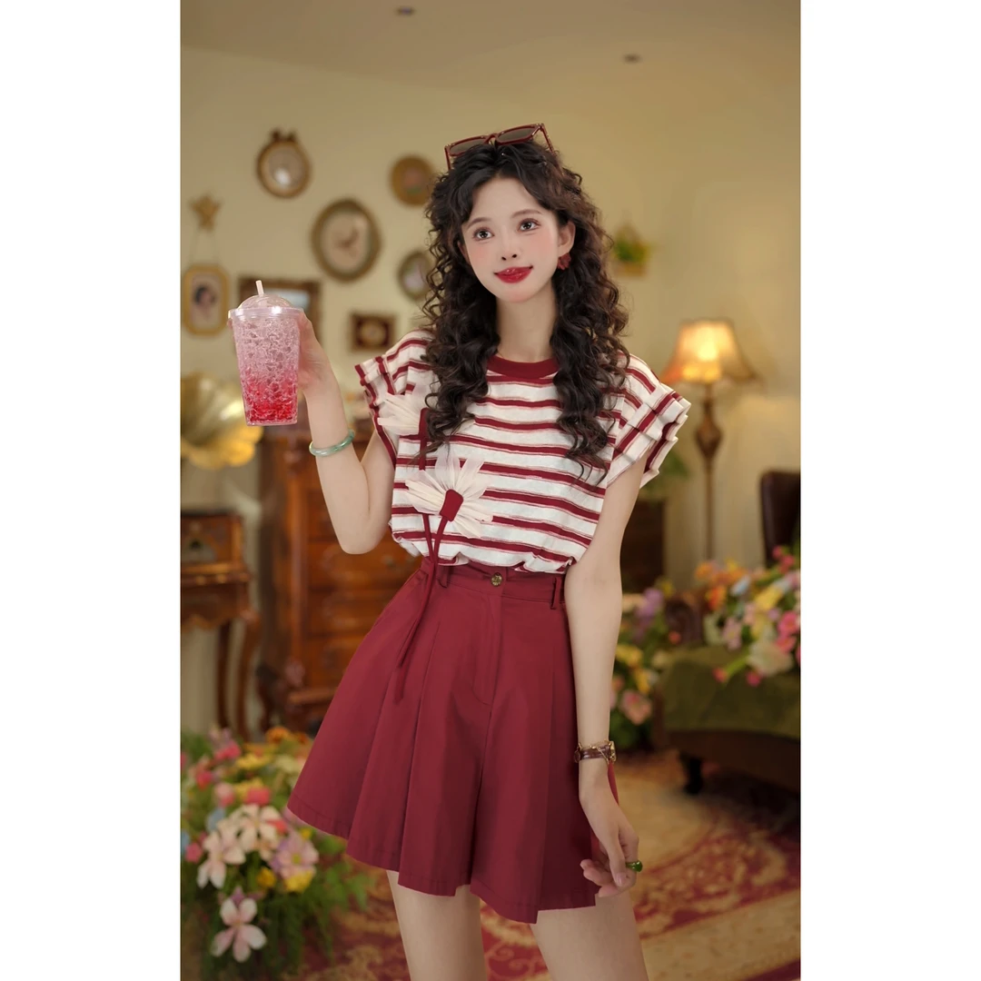 扣子家【石榴冰】港风复古条纹圆领T恤女宽松休闲上衣KK0725496
