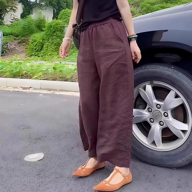 复古纯色亚麻长裤女春季新款直筒休闲透气百搭棉麻大码宽松阔腿裤
