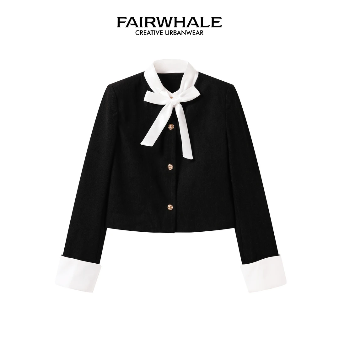 马克华菲女装时尚百搭领口白色飘带拼接装饰长袖外套 F53010A001