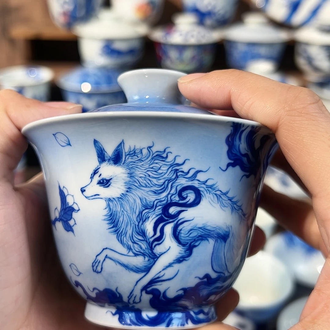 泥藝瓷梦九尾狐盖碗