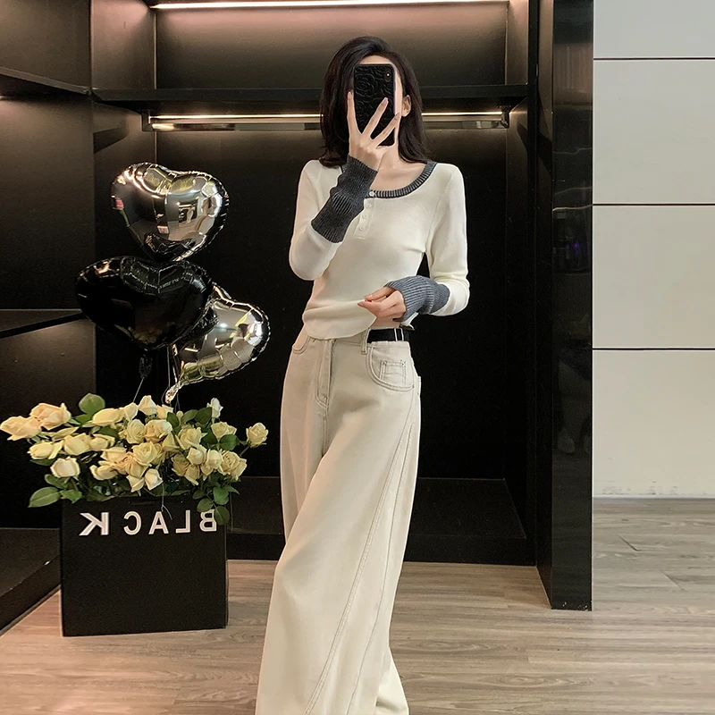 网红早秋设计感白色穿搭洋气长袖针织衫显瘦高腰阔腿裤时尚两件套