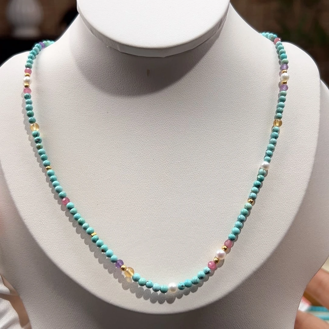 绿松石未镶嵌31圆珠锁骨链放漏卡2+