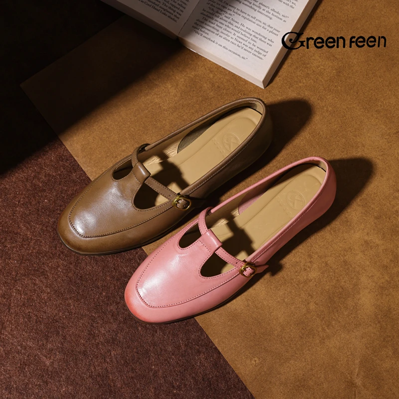 【Green feen】新款真皮平底圆头浅口单鞋女舒适软底丁字扣带罗马鞋