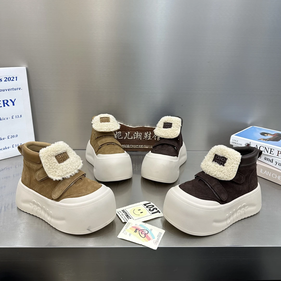 MANGNIER/高帮鞋女款2025冬加绒加厚保暖丑萌大头厚底松糕面包鞋