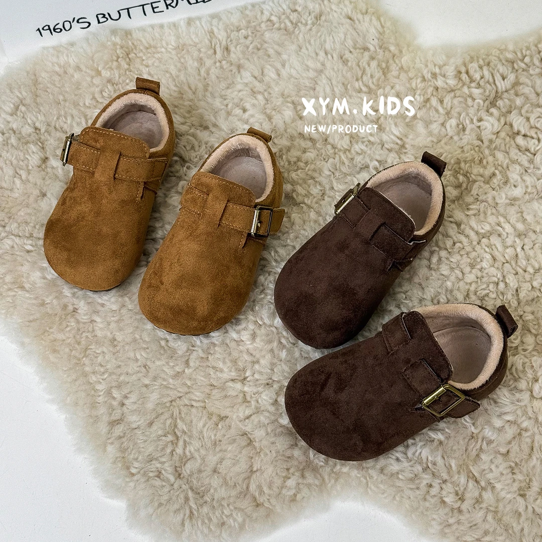 2025冬款韩系复古男女童皮鞋勃肯鞋绒面加绒保暖小童宝宝二棉单鞋