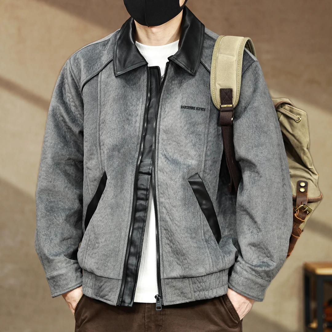 美式高端肌理感毛呢面料撞色翻领外套男士秋季新款宽松大码夹克男