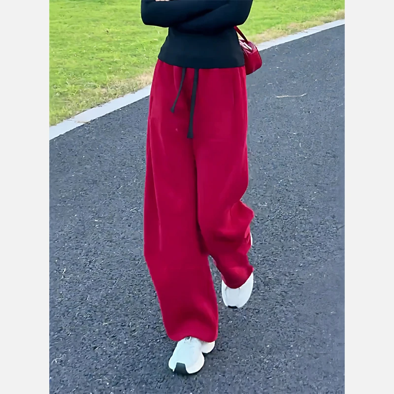 秋冬加绒加厚红色阔腿裤女2025新款松紧腰抽绳系带卫裤大码休闲裤