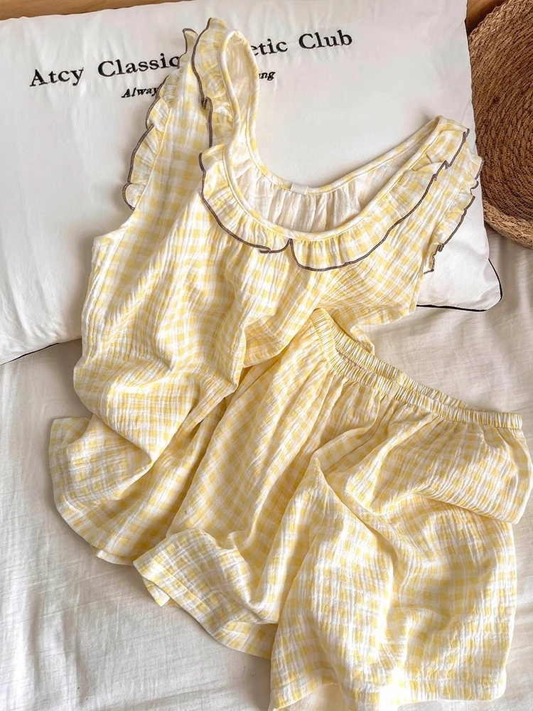 【DMXJ大梦想家】甜美可爱奶黄色无袖睡衣女夏季大码舒适短裤居家服