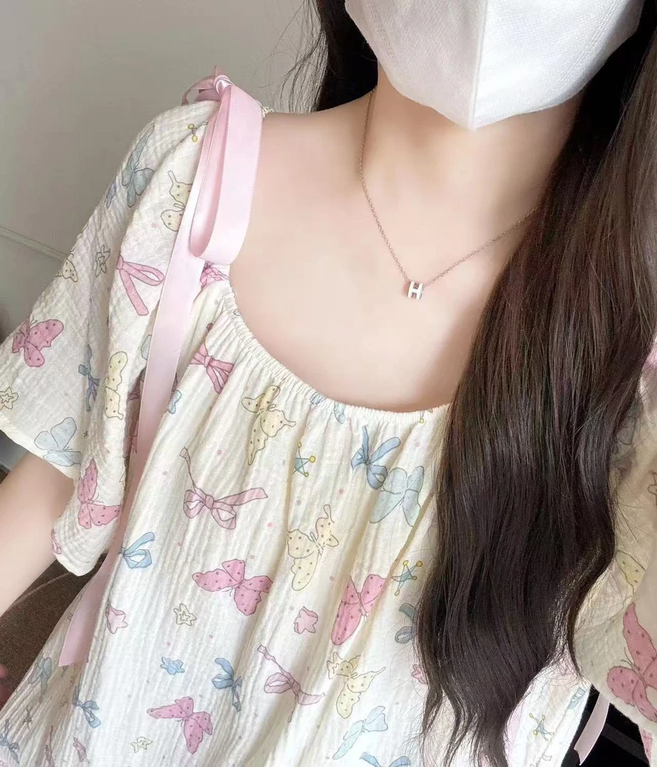 夏季限定【彩蝶】纯棉睡裙女a类双层棉纱可爱甜美蝴蝶结飘带过膝裙