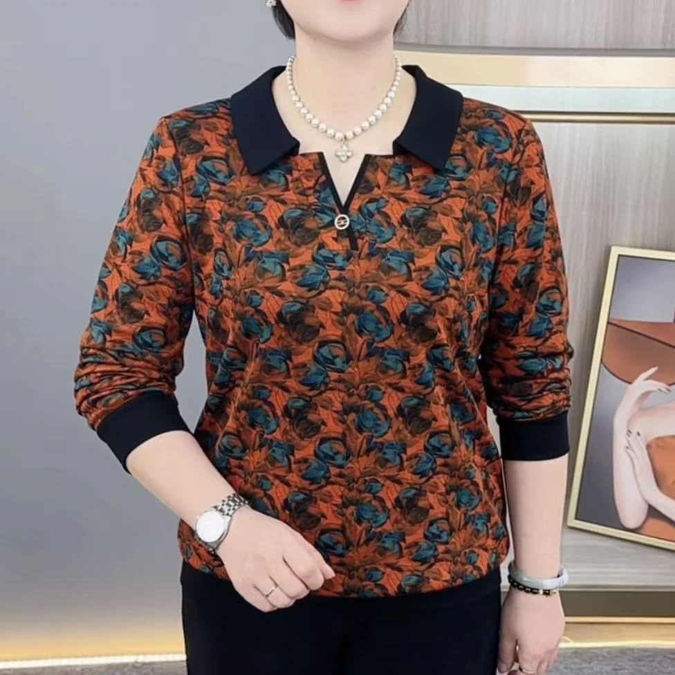 秋季新款时尚翻领印花中老年气质妈妈装显瘦百搭长袖上衣H9965